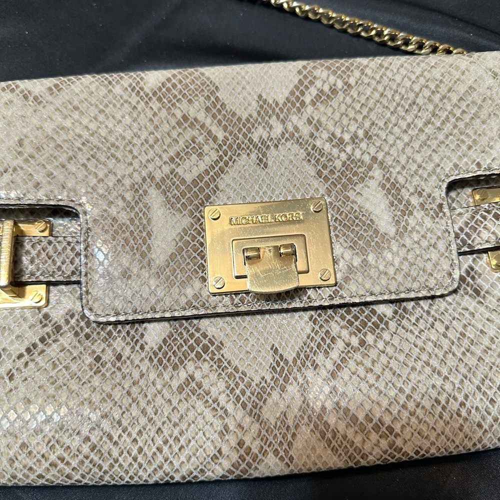 Michael Kors Tan Leather Snake Print Clutch with Gold Chain - Picture 3 of 5